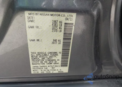 2015 Nissan Altima 3.5 Sl from USA, damaged, VIN 1N4BL3AP6FC432361